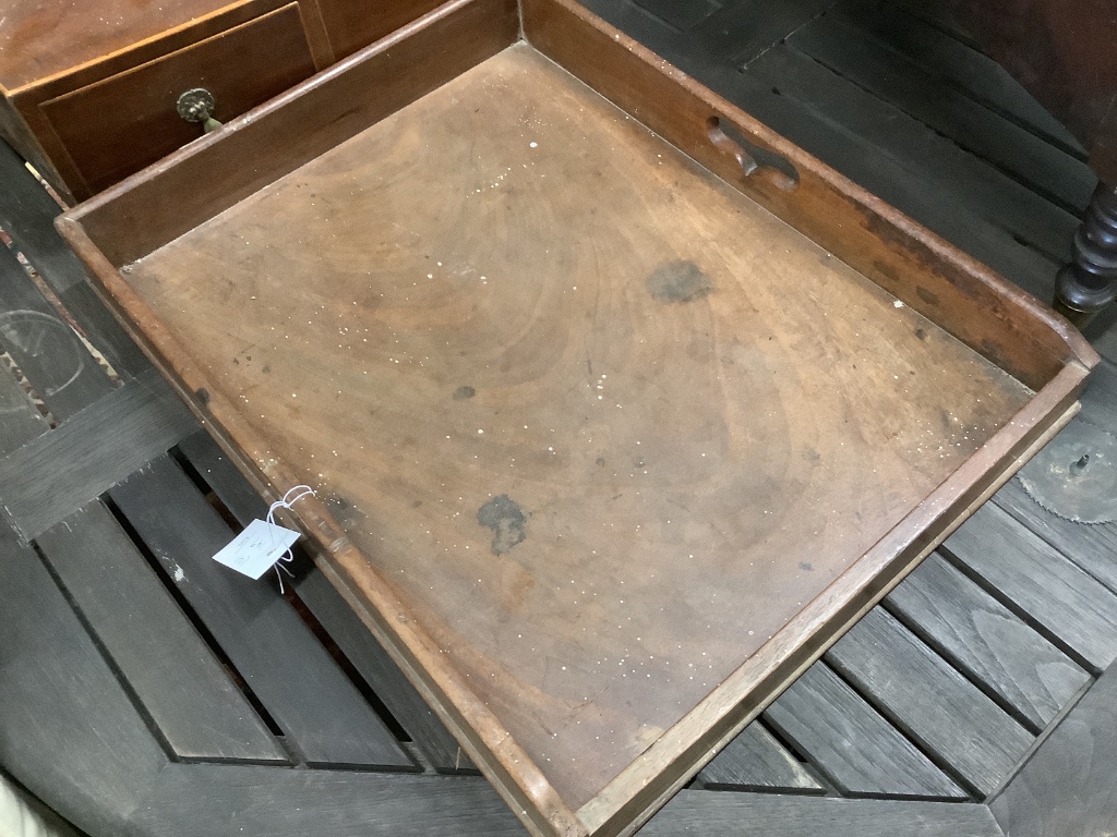 A Victorian butler's tray, 55cm and three incomplete items of furniture comprising a canterbury base, an inlaid table top and a toilet mirror base